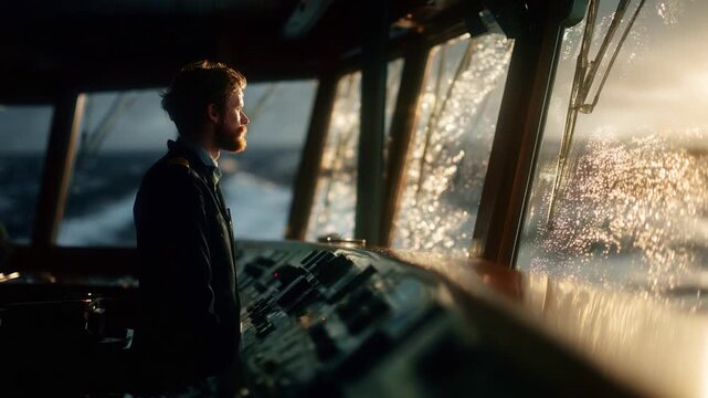 A contemplative sailor stands at the helm of a ship, gazing out at the turbulent sea as sunlight filters through the splashing water, reflecting the blend of nature's beauty and maritime adventure.