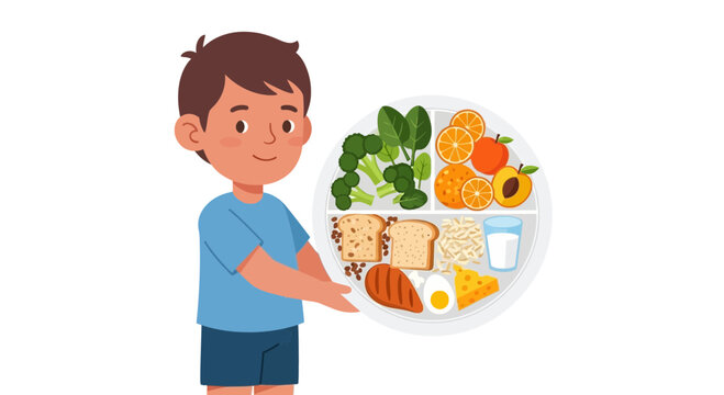Healthy eating habits for kids, smiling child with balanced meal plate promoting nutrition and wellness, perfect for education and lifestyle content