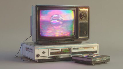 Vintage television set with VCR, displaying static screen