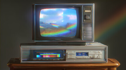 A vintage television set displays a vibrant rainbow landscape, evoking nostalgia
