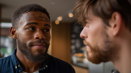 Two friends, a Black man and a White man, engage in deep discussion, fostering vulnerable masculinity and breaking mental health stigma.