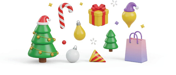 Fototapeta premium 3D Christmas elements pack isolated on white. trees, candy cane, gift box, baubles, party hat, ornaments, and shopping bag with soft shadows, playful minimal style for festive banners and layouts.