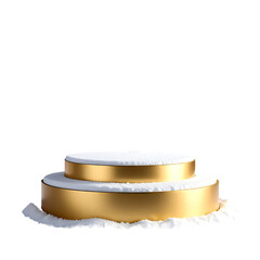 Golden-rimmed, snowy white two-tiered pedestal, black background