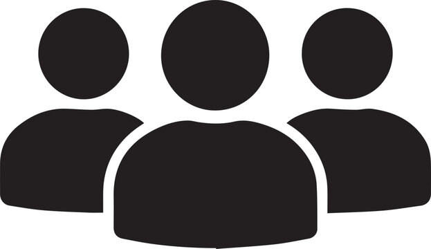 Minimal Flat Black Vector Icon of Three Human Silhouettes Side by Side Representing Group or Team - Transparent Background - UI Design Icon