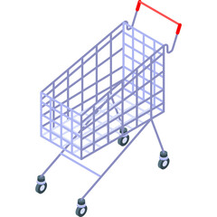 Isometric Shopping Cart With Light Blue Frame Red Handle And Four Wheels Detailed 3D Illustration On Transparent Background