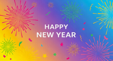 Vibrant and colorful abstract fireworks explode across a gradient background with the text happy new year in the center