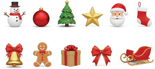 set of 3D Christmas icons on white. including snowman, bauble, tree, star, Santa head, stocking, bell, gingerbread, gift and sleigh. for card, decor and poster