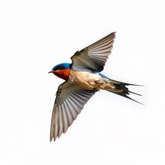 Barn Swallow in Flight on White Background, Close-Up of Hirundo rustica with Blue Back, Orange Throat, and Forked Tail