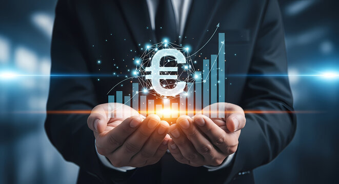 A businessman's hands cradle a glowing Euro symbol, symbolizing financial growth and investment success in the digital realm.