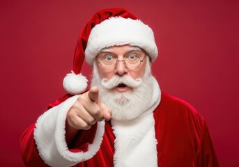 Santa claus points directly at the viewer with a serious expression