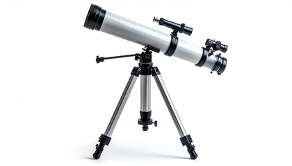 Silver Telescope with Tripod Stand on White Background for Astronomy and Exploration