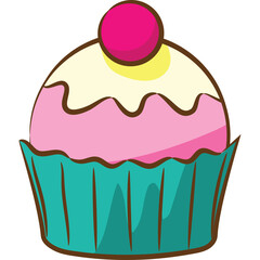 Sweet Cupcake Treat With Pink Frosting And Cherry On Top In A Teal Wrapper With A Transparent Background