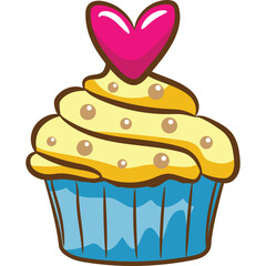Sweet Cupcake With Yellow Frosting and Pink Heart Decoration Isolated on Transparent Background