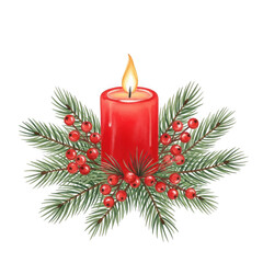 Glowing red candle with festive greenery and berries for holiday celebration isolated on transparent background