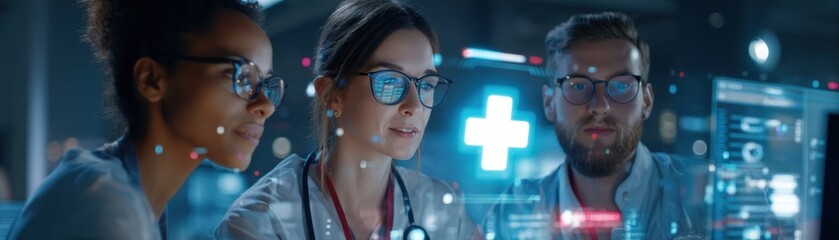 A group of focused professionals analyzes data on digital screens, teamwork in a high-tech medical environment, daily life with AI tech