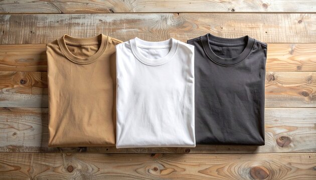 Three folded t-shirts in tan white and charcoal grey colors arranged neatly on a rustic wooden background with detailed texture showing a flat lay composition in soft natural lighting