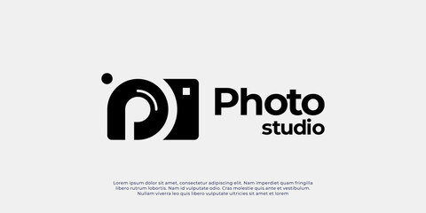 Modern and minimalist photo studio logo featuring a camera with a pixel effect and eye-shaped lens. Perfect for photography, media, and digital creative businesses.