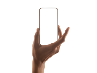 Hand holding smartphone isolated on transparent background, modern technology