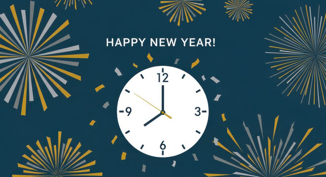 Happy new year celebration with a clock showing midnight and colorful fireworks exploding in the night sky