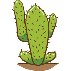 Vibrant Green Prickly Pear Cactus with Brown Base and Spines Against a Transparent Background in a Simple Artistic Style