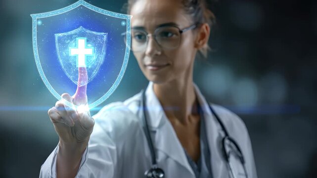 Doctor interacts with a digital shield icon representing health care and protection in a clinical setting during the day