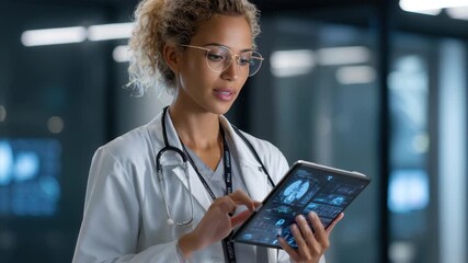 Medical professional using AI-powered tablet interface in a modern healthcare facility to analyze patient data and videos - Powered by Adobe