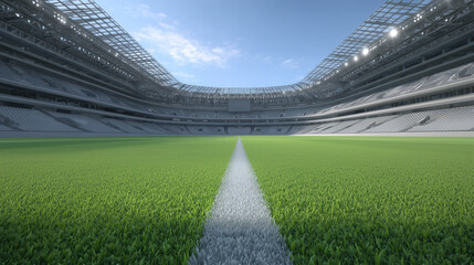 Green Field in a Modern, Grand, and Impeccably Clean Football Stadium Under Blue Sky, Generative AI