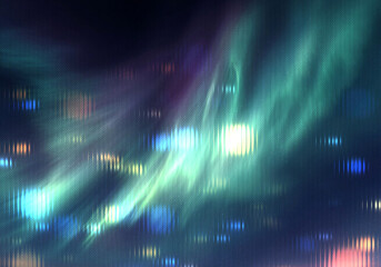 Abstract background with aurora like green and blue light streaks and bokeh effect with square patterns