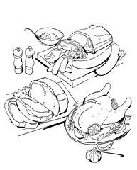 Stylish illustrations of meat dishes. Steak, roast chicken, ham, sausages