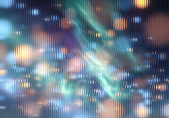 Abstract background with blurry lights and a green smoky effect through a textured glass pane