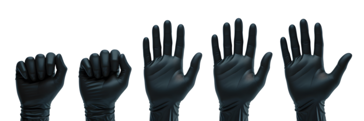 Set For Five black gloved hands isolated on transparent background showing positions