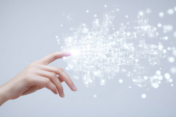 Hand touching glowing holographic data grid, digital cubes floating in air, futuristic technology, innovation, and virtual interface concept