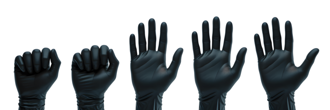 Set For Five black gloved hands isolated on transparent background showing positions