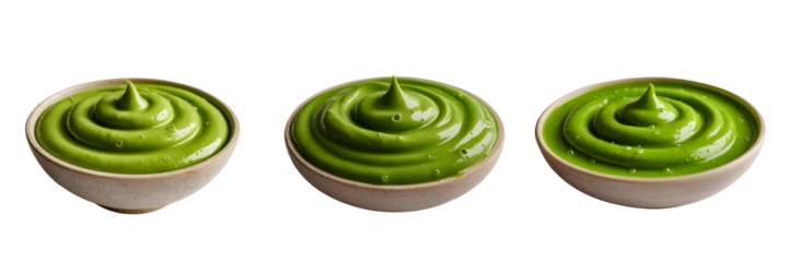 Set For Three bowls of green avocado cream isolated on transparent background