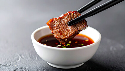 Grilled Beef Slice Dipped in Sauce with Chopsticks
