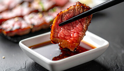 Grilled Beef Slice Dipped in Sauce with Chopsticks