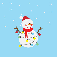 Smiling and Tangled Snowman in Cable Lights Christmas Vector Illustration