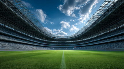 Grand Panoramic Wide-Angle View of a Modern Blue Sky Sports Stadium Field, Generative AI