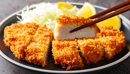 Japanese Tonkatsu Pork Cutlet Served with Cabbage and Lemon    