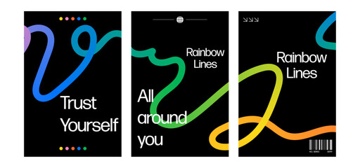 Playful rainbow squiggle line poster. Bright gradient ribbon shapes and curved wave elements.