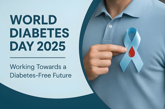 World Diabetes Day 2025 Awareness Banner with Man Holding Blue Ribbon