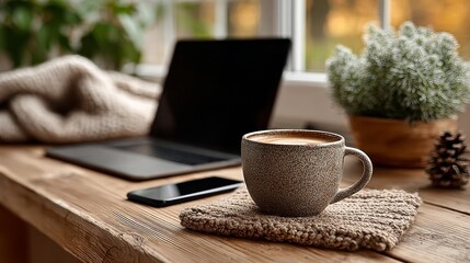 Cozy autumn workspace with laptop and hot drink by the window