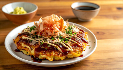 Japanese Okonomiyaki on White Plate with Bonito Flakes and Sauce    