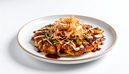 Japanese okonomiyaki served on a white plate  