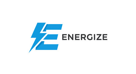 Fototapeta premium Modern blue letter E logo with an integrated lightning bolt symbol.