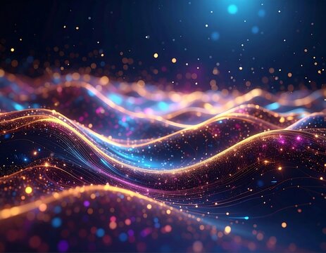 Abstract wavy light display with bokeh effects and dark blue background