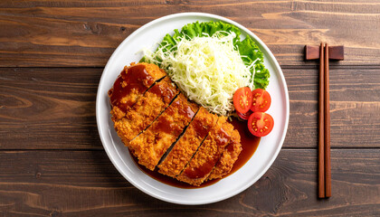 Japanese Pork Cutlet Tonkatsu with Salad and Sauce