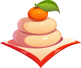 Japanese New Year food called kagami mochi, consisting of two stacked rice cakes topped with a mandarin. Isolated cartoon vector traditional treat symbolizing prosperity, longevity and family heritage