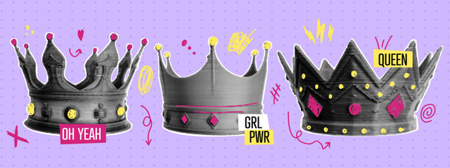 Halftone crown collage set. Elements with dotted texture and colorful doodles. Vector retro pop art illustration for creative media and mixed design.