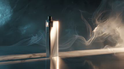 Electronic cigarette on a dark and misty background, exuding an air of intrigue and mystery. The sleek device is the focal point, with smoke swirling dramatically